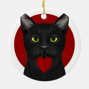 Ornamento De Cerâmica Preto Neko com Coração Vermelho