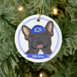 Ornamento De Cerâmica Preto Personalizado Brindle Frenchie Hanukkah