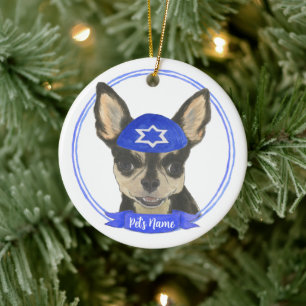 Ornamento De Cerâmica Preto Personalizado e Tan Chihuahua Yarmulke
