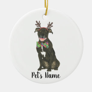 Ornamento De Cerâmica Preto Personalizado Pitbull Staffy Antlers Bowtie