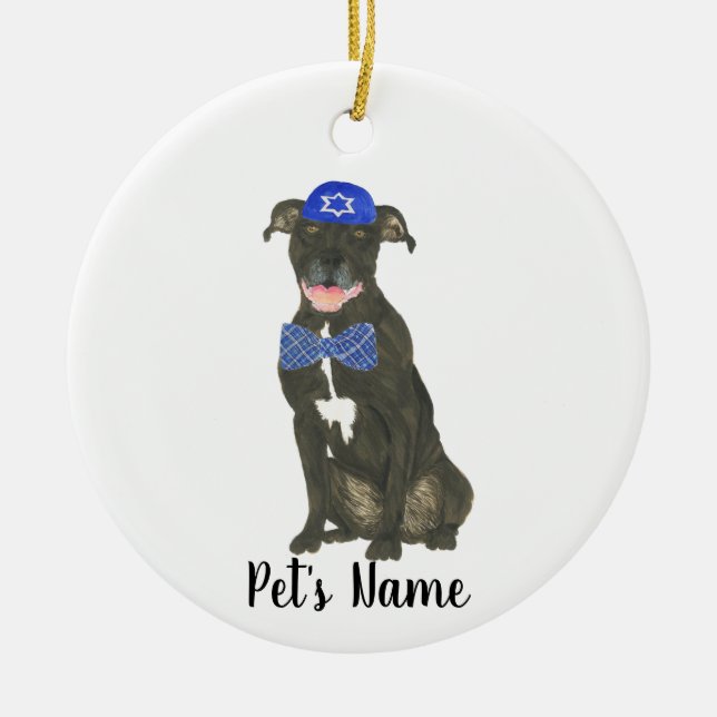 Ornamento De Cerâmica Preto Personalizado Pitbull Staffy Yarmulke Tie (Frente)