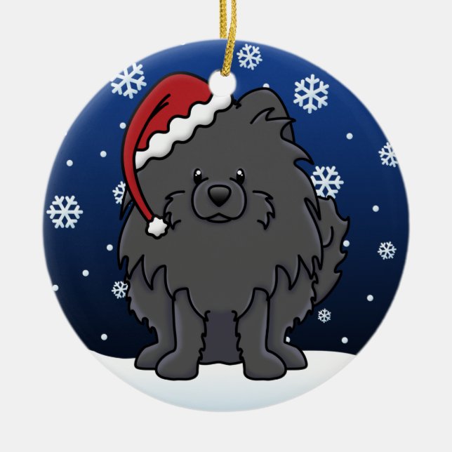 Ornamento De Cerâmica Preto Pomeranian dos desenhos animados de Kawaii (Frente)