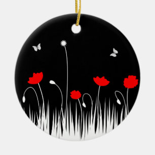 Ornamento De Cerâmica Preto Vermelho Minimalista e Pópias Brancas Negros