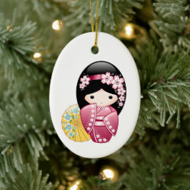 Ornamento De Cerâmica Primavera Kokeshi Doll - Bonita Geisha Japonesa
