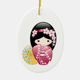Ornamento De Cerâmica Primavera Kokeshi Doll - Bonita Geisha Japonesa