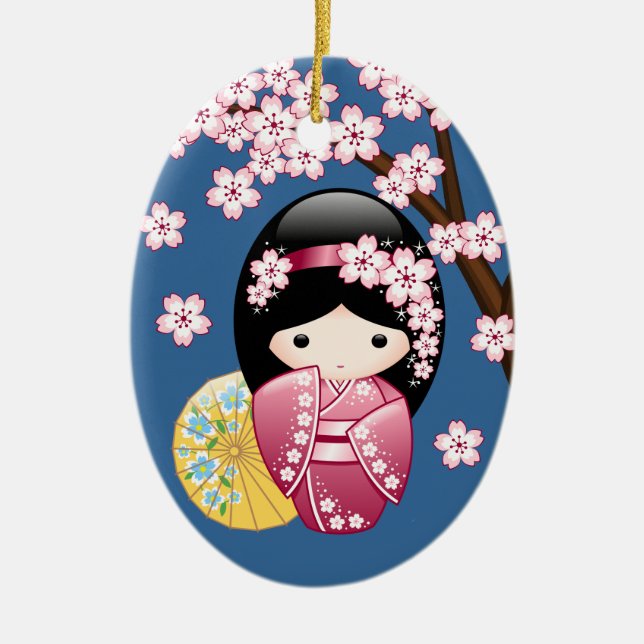 Ornamento De Cerâmica Primavera Kokeshi Doll - Bonita Mancha Japonesa em (Frente)