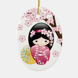 Ornamento De Cerâmica Primavera Kokeshi Doll - Branco japonês bonito