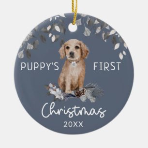 Ornamento De Cerâmica Primeira Aquarela de Natal de Puppy