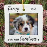 Ornamento De Cerâmica Primeira Cachorra De Natal - Foto Simples De Cacho<br><div class="desc">Meu Primeiro Natal! Decorre a árvore ou envie um presente especial com este adorável ornamento personalizado personalizado de fotos de feriado. Adicione a foto do seu cachorro e personalize com nome e ano. O ornamento é de dois lados, você pode fazer fotos diferentes em cada lado. COPYRIGHT © 2020 Judy...</div>