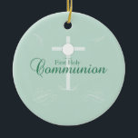 Ornamento De Cerâmica Primeira Comunhão Sagrada, Script em Verde Suave<br><div class="desc">Este suave presente verde,  lembrança e doação é bom para felicitar o menino ou menina pela sua Primeira Comunhão Sagrada.</div>