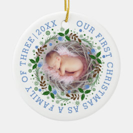 Ornamento De Cerâmica Primeira família natalícia de três fotos azuis