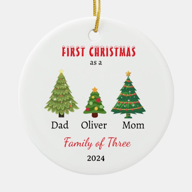 Ornamento De Cerâmica Primeira família natalícia de três Photo Keepsawn (Frente)