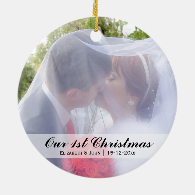 Ornamento De Cerâmica Primeira Foto de Casamento de Natal (Traseira)