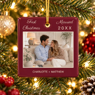 Ornamento De Cerâmica Primeira foto de Natal casados burgundy cream