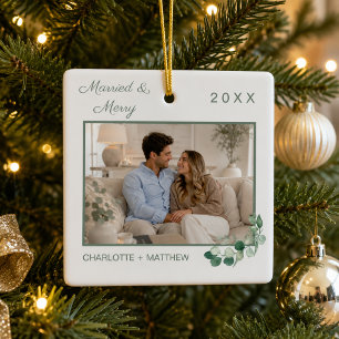 Ornamento De Cerâmica Primeira foto de Natal casados com verdejante bran