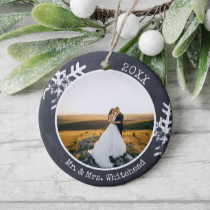 Ornamento De Cerâmica Primeira Foto de Natal Casados Floco de Neve Rústi