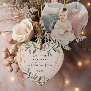Ornamento De Cerâmica Primeira Foto de Natal de Laurel Leaf Baby