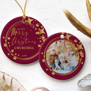 Ornamento De Cerâmica Primeira Foto de Natal de Pet Estrela Vermelha e D