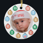 Ornamento De Cerâmica Primeira Foto de Natal do Bebê Bonito<br><div class="desc">O primeiro ornamento de Natal do seu bebê personalizado com fotos cercadas por bolas de cor pastel e ano na frente com nome no verso.</div>
