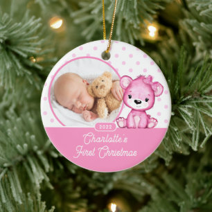 Ornamento De Cerâmica Primeira foto de Natal do Bebê do Urso Rosa-Rosa