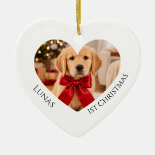 Ornamento De Cerâmica Primeira Foto de Natal do Golden Retriever Coração