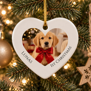 Ornamento De Cerâmica Primeira Foto de Natal do Golden Retriever Coração