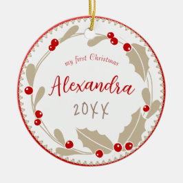 Ornamento De Cerâmica Primeira Foto de Natal do Whimsical Baby | Red Bei