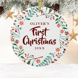 Ornamento De Cerâmica Primeira Foto Floral de Bebê nas Férias de Natal