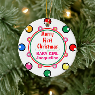 Ornamento De Cerâmica Primeira Menina Bebê Natal Geométrico Vermelho Ver