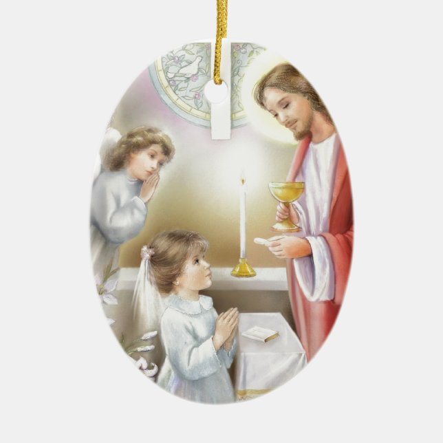 Ornamento De Cerâmica Primeira menina do comunhão santamente (Frente)