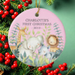 Ornamento De Cerâmica Primeira Ornação de Natal do Jungle Photo Girls Ba<br><div class="desc">O primeiro ornamento de Natal de um bebê bonito são os mais doces animais da selva enquadrados com as folhas da selva de aquarelas.</div>