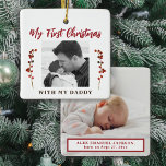 Ornamento De Cerâmica Primeira pai de Natal e fotografia do bebê 2<br><div class="desc">O primeiro Natal do bebê com o pai único ornamento da árvore de manutenção com ramos de groselhas vermelhas,  suas fotos personalizadas e o texto vermelho do script de tipografia moderna.         Pode ser um belo presente de Natal para um novo pai.</div>
