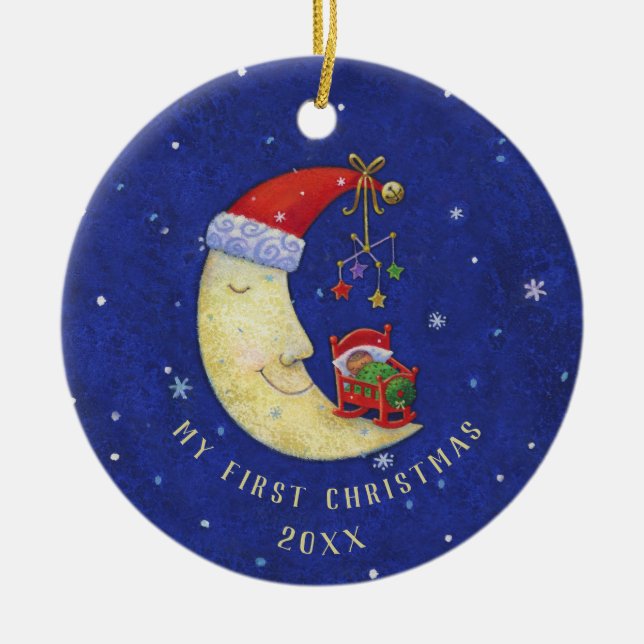 Ornamento De Cerâmica Primeira Papais noeis de Natal Lua c/ Bebê Monogra (Frente)