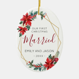 Ornamento De Cerâmica Primeira poinsétia vermelha casada de Chrismas
