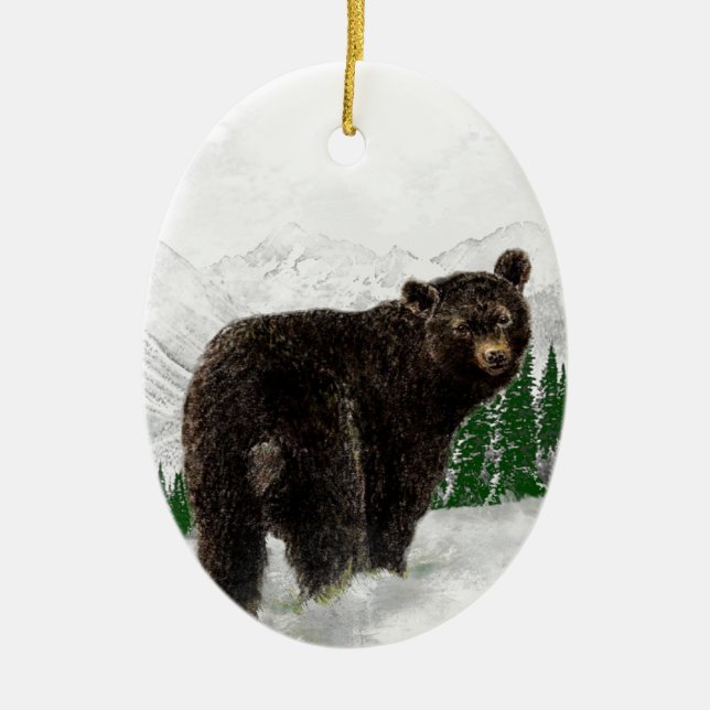 Ornamento De Cerâmica Primeira queda de neve Urso Negro Selvagem (Frente)