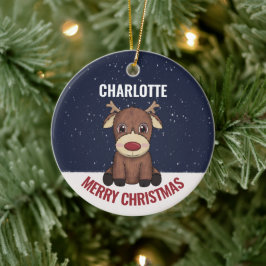 Ornamento De Cerâmica Primeira Reindeer de Natal e Foto do Bebê