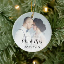 Ornamento De Cerâmica Primeira Sobreposição de Fotos de Natal Casada