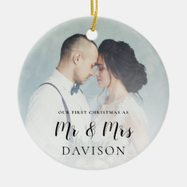 Ornamento De Cerâmica Primeira Sobreposição de Fotos de Natal Casada