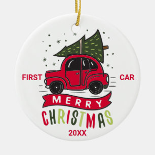 Ornamento De Cerâmica Primeiro Carro Feliz Natal Carro Vermelho Árvore T
