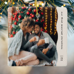 Ornamento De Cerâmica Primeiro, casado, duas fotos simples<br><div class="desc">Este simples Enfeites de natal moderno apresenta uma margem de onda de tendência junto com uma grande foto e espaço para texto personalizado e o ano. Projetado para um ornamento recém-casado celebrando um primeiro Natal juntos, este ornamento apresenta uma grande foto na frente e um segundo no verso com dois...</div>