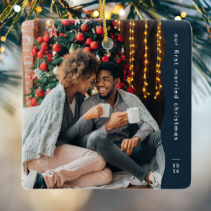 Ornamento De Cerâmica Primeiro casado Natal dois marinho simples