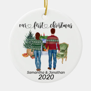 Ornamento De Cerâmica Primeiro Casal de Natal Cabelo Castanho Recém-Casa