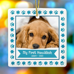 Ornamento De Cerâmica Primeiro Hanukkah Pet Puppy Foto Turquoise Paws Bo