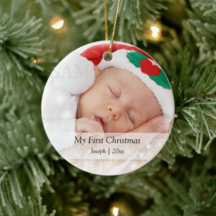 Ornamento De Cerâmica Primeiro Modelo de Foto Personalizada de Natal do
