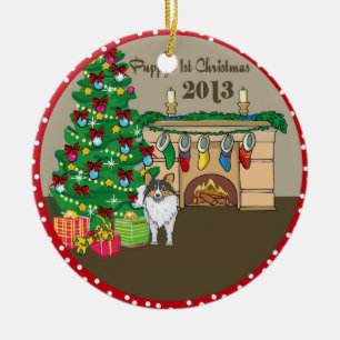 Ornamento De Cerâmica Primeiro Natal 2013 de Sheltie Puppys