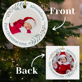 Ornamento De Cerâmica Primeiro Natal 2 Fotos Greenery & Berries Wreath