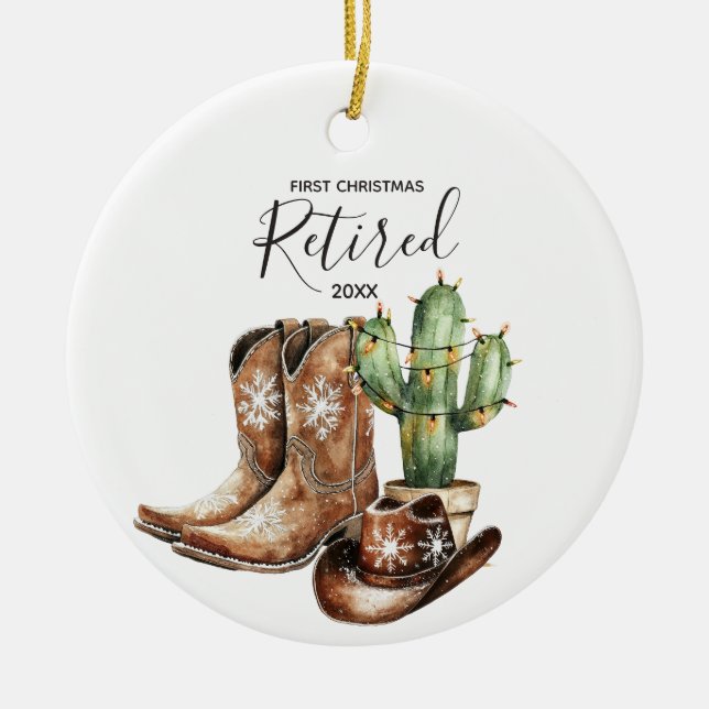 Ornamento De Cerâmica Primeiro Natal Aposentado Gift Cactus Cowboy (Frente)
