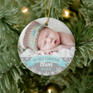 Ornamento De Cerâmica Primeiro Natal Aqua Azul Bebê Menino Foto