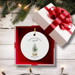 Ornamento De Cerâmica Primeiro Natal Árvore Engajada Arco Dourado Foto P