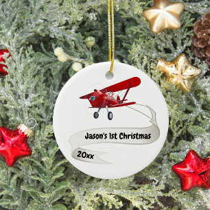 Ornamento De Cerâmica Primeiro Natal Avião do Papai Noel Personalizado